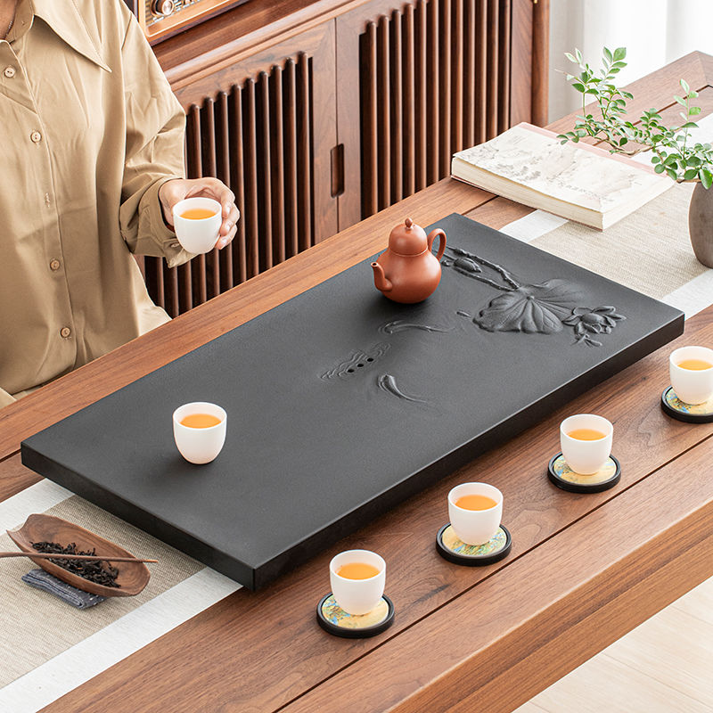 Lotus and Fish Black Stone Tea Tray
