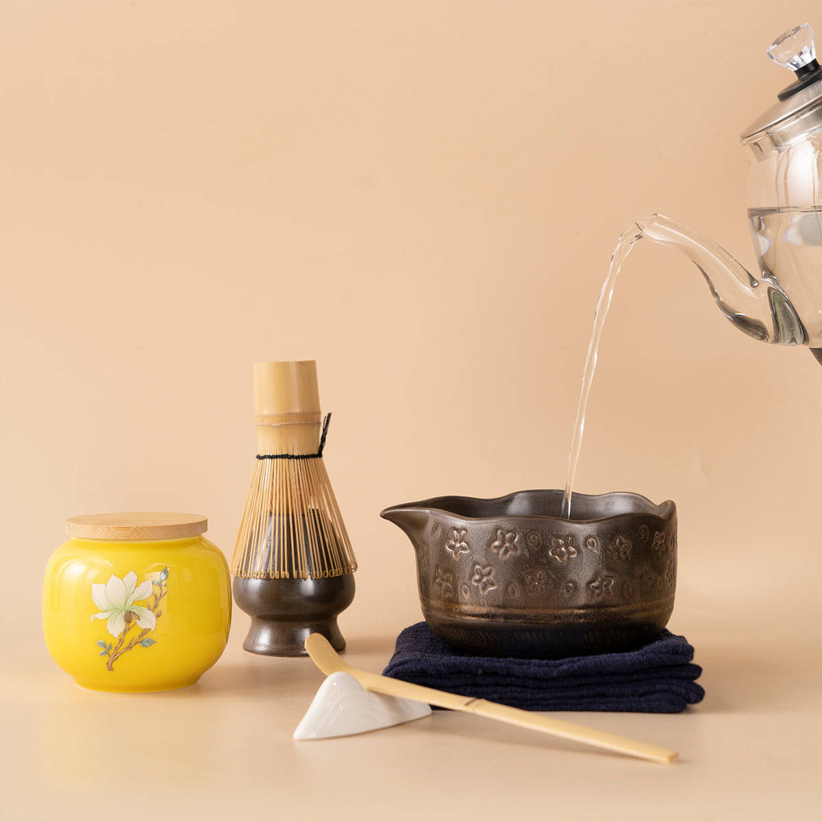Japanese Coarse Pottery Flower Matcha Tea Set