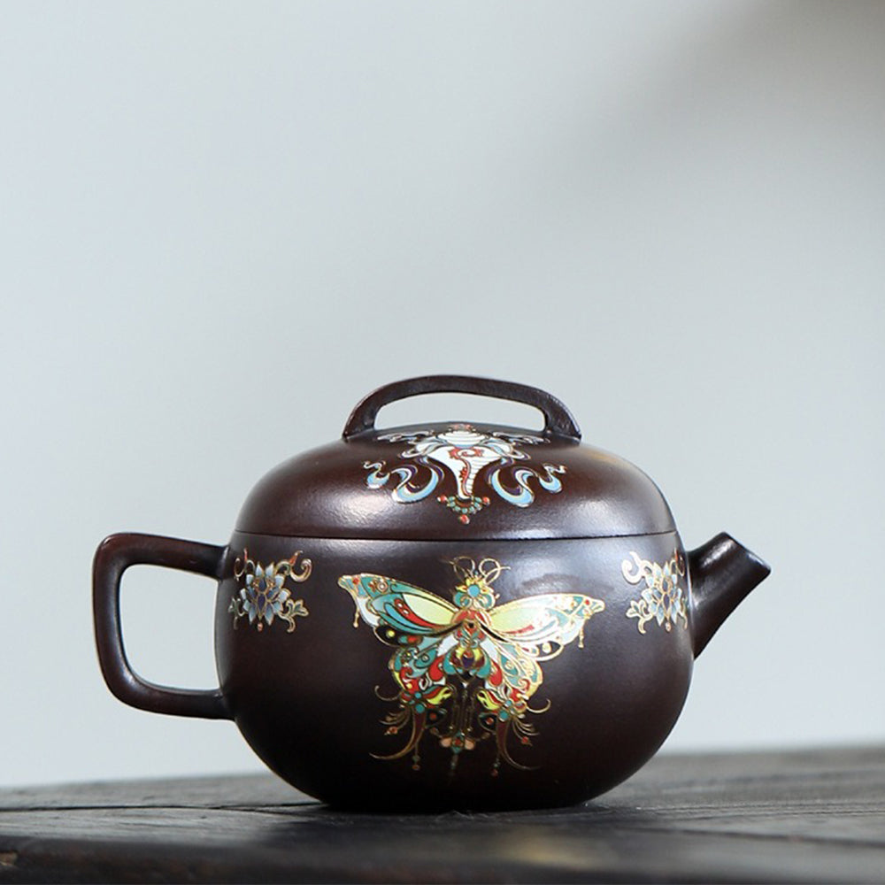 Yixing Purple Clay Enamel Butterfly Teapot