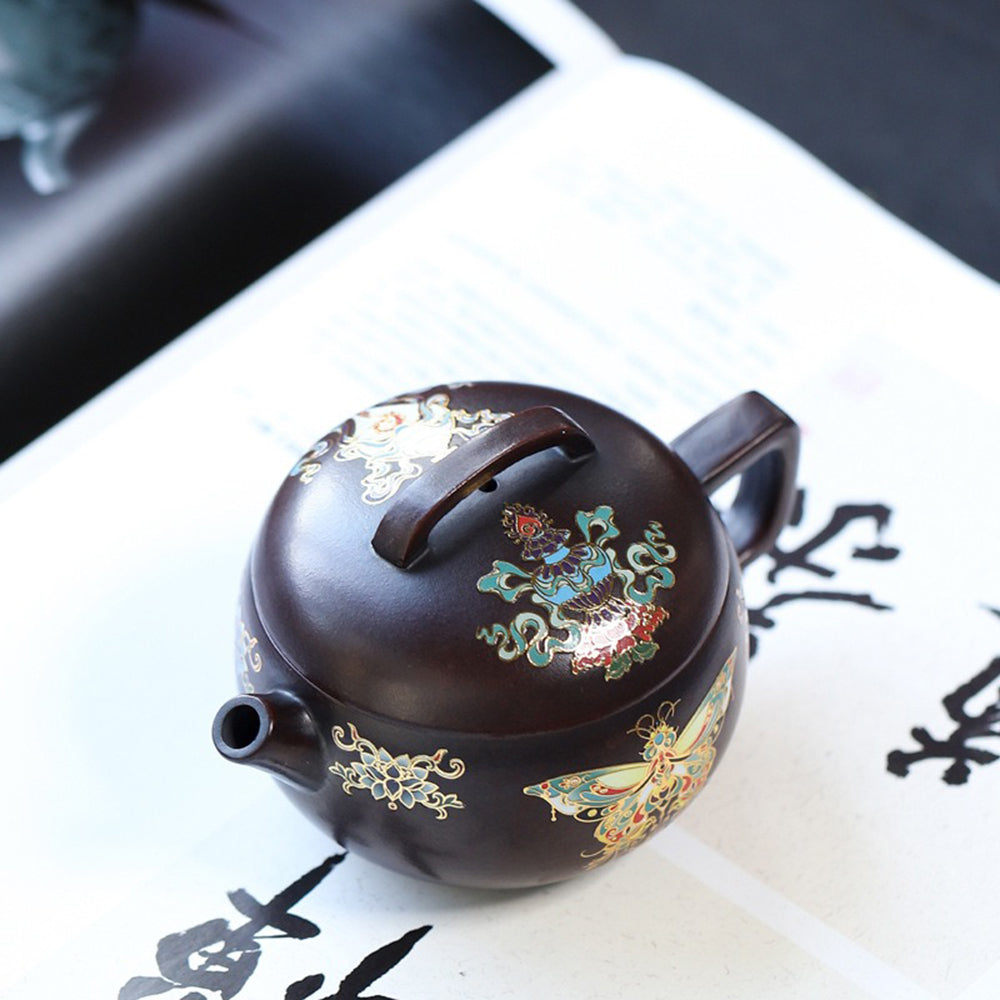 Yixing Purple Clay Enamel Butterfly Teapot