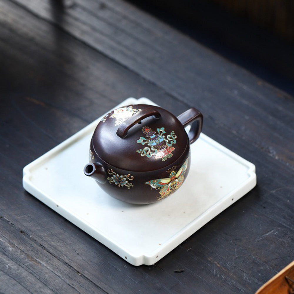 Yixing Purple Clay Enamel Butterfly Teapot
