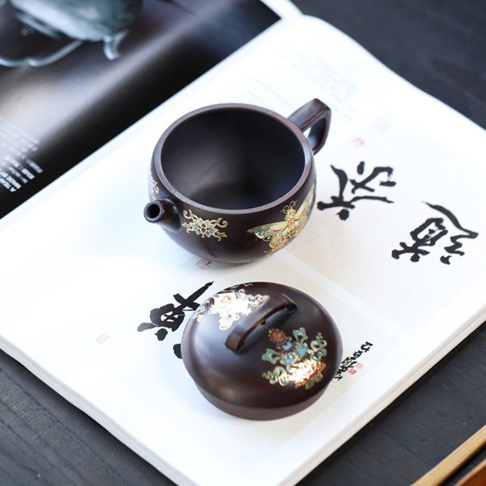 Yixing Purple Clay Enamel Butterfly Teapot