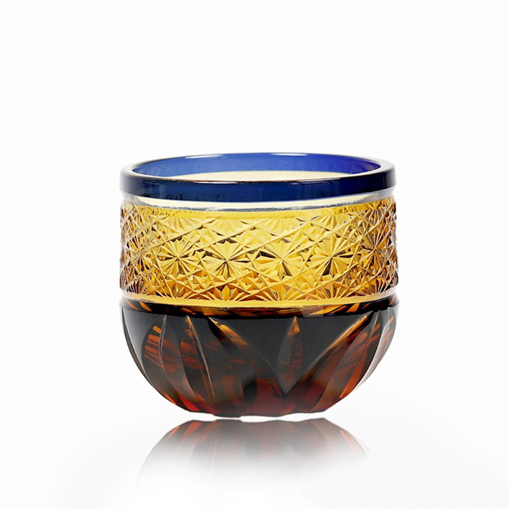 Edo Kiriko Amber Blue Chrysanthemum Whiskey Glass Tea Cup
