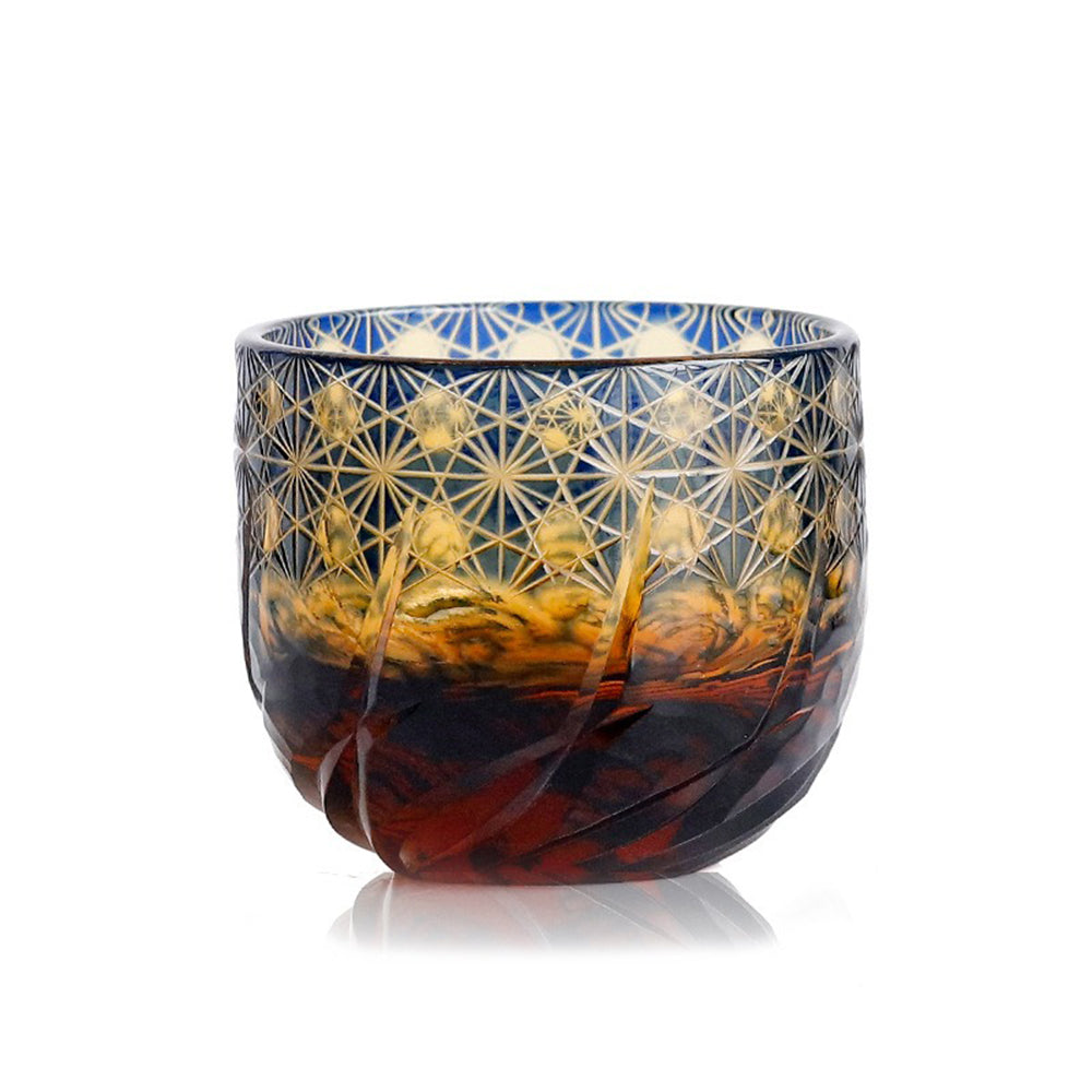 Edo Kiriko Amber Blue Chrysanthemum Whiskey Glass Tea Cup