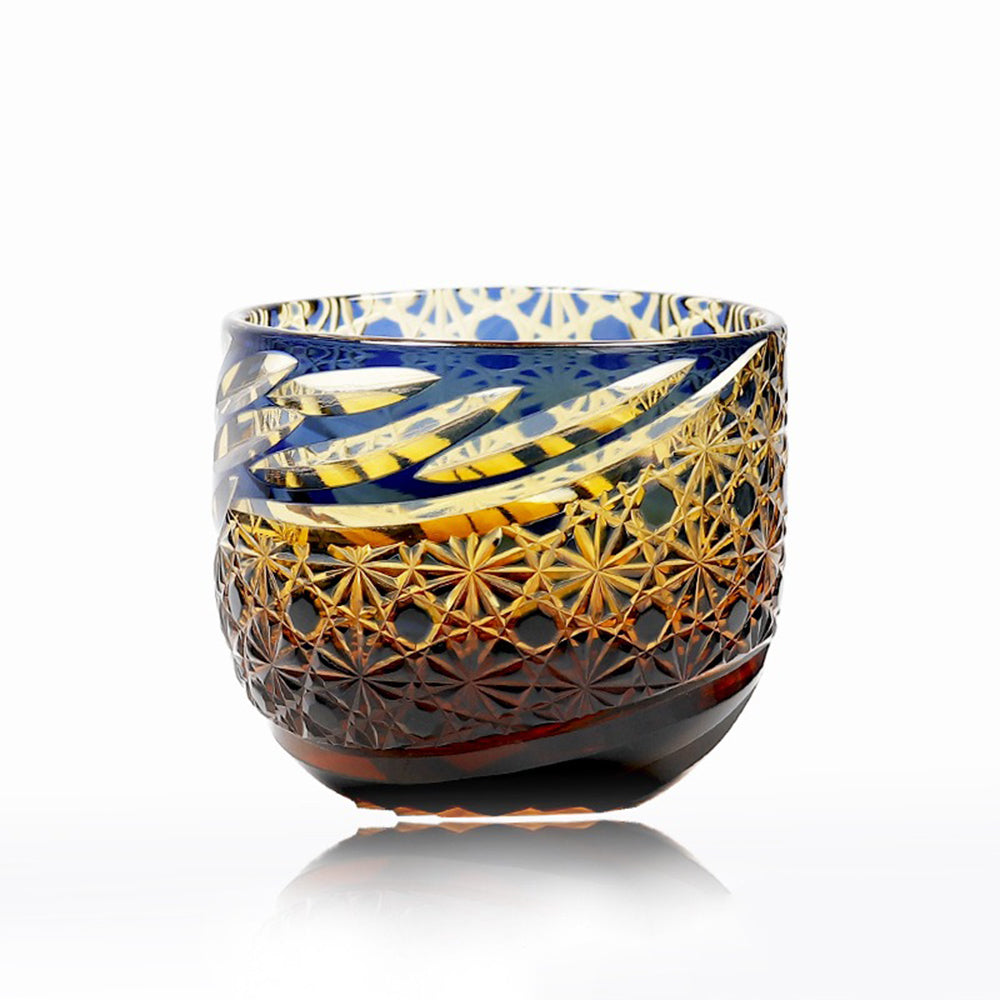 Edo Kiriko Amber Blue Chrysanthemum Whiskey Glass Tea Cup