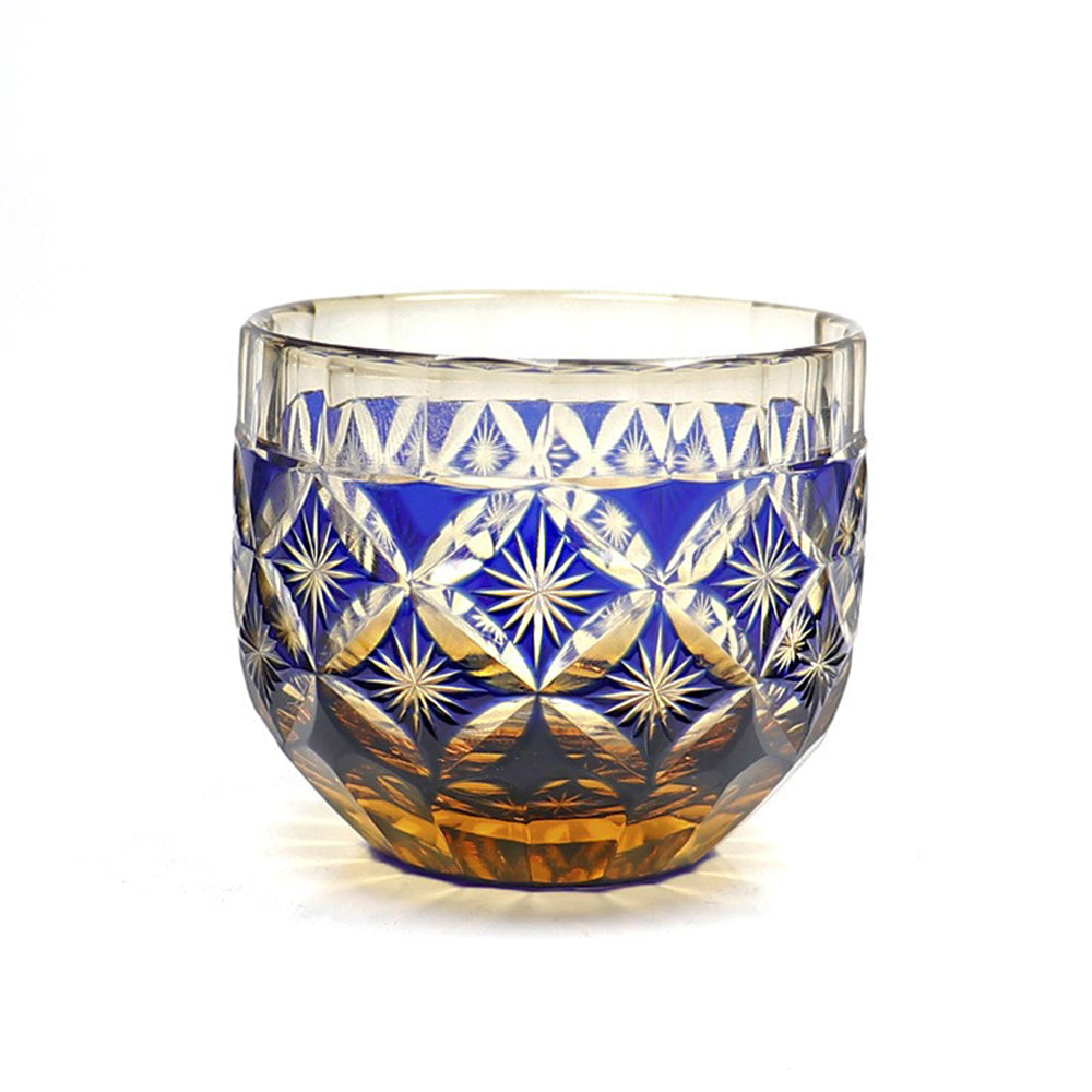 Edo Kiriko Amber Blue Chrysanthemum Whiskey Glass Tea Cup