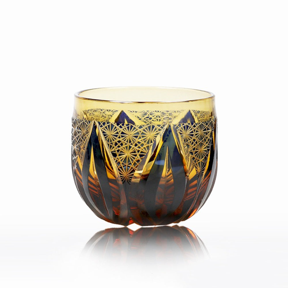 Edo Kiriko Amber Blue Chrysanthemum Whiskey Glass Tea Cup