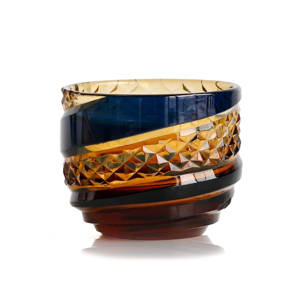 Edo Kiriko Amber Blue Chrysanthemum Whiskey Glass Tea Cup