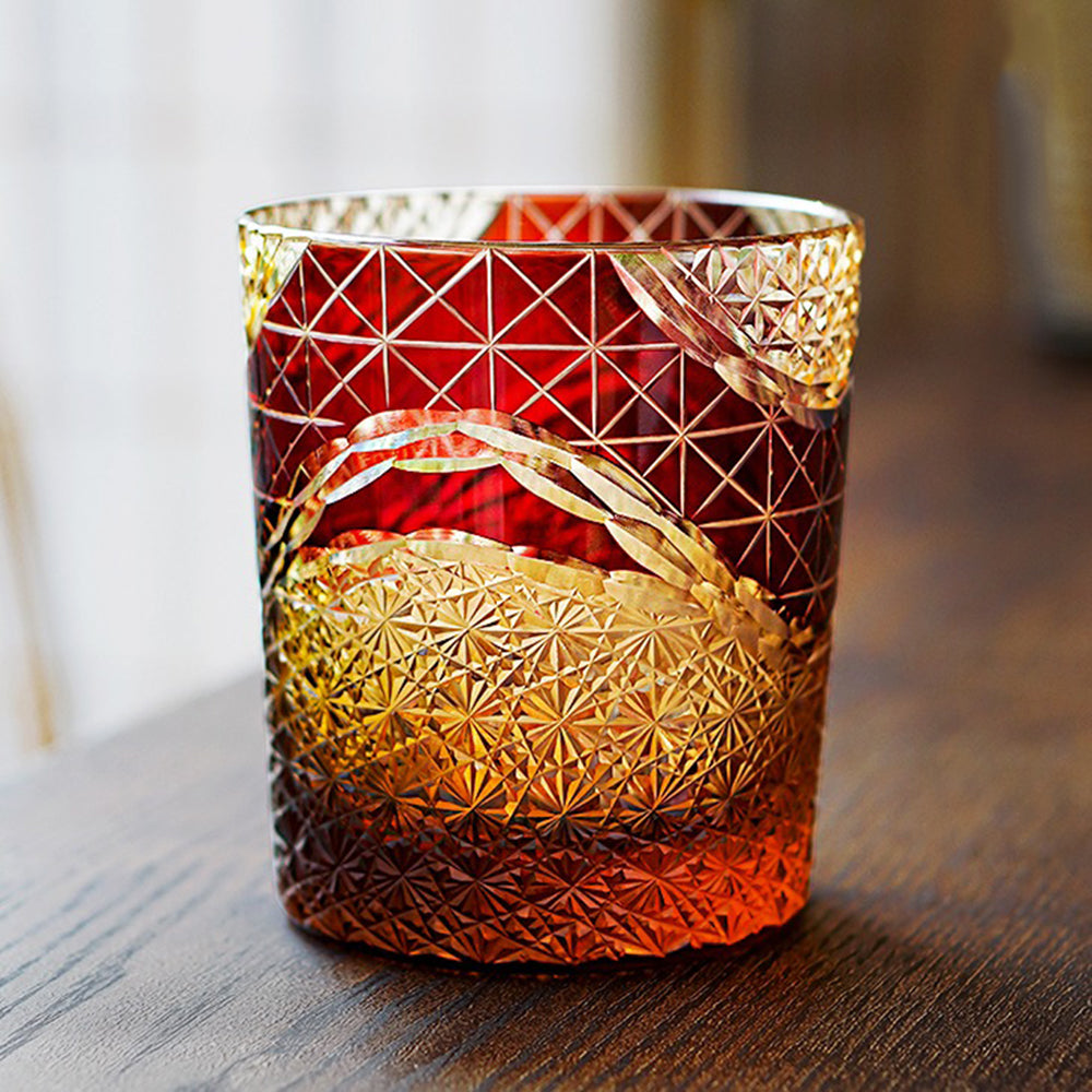 Edo Kiriko Prism Amber Chrysanthemum Whiskey Glass Tea Cup