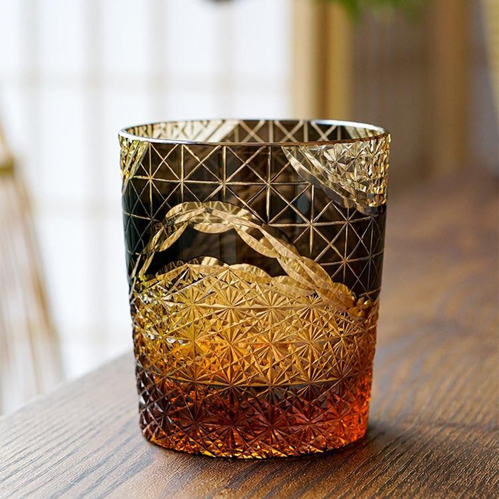 Edo Kiriko Prism Amber Chrysanthemum Whiskey Glass Tea Cup