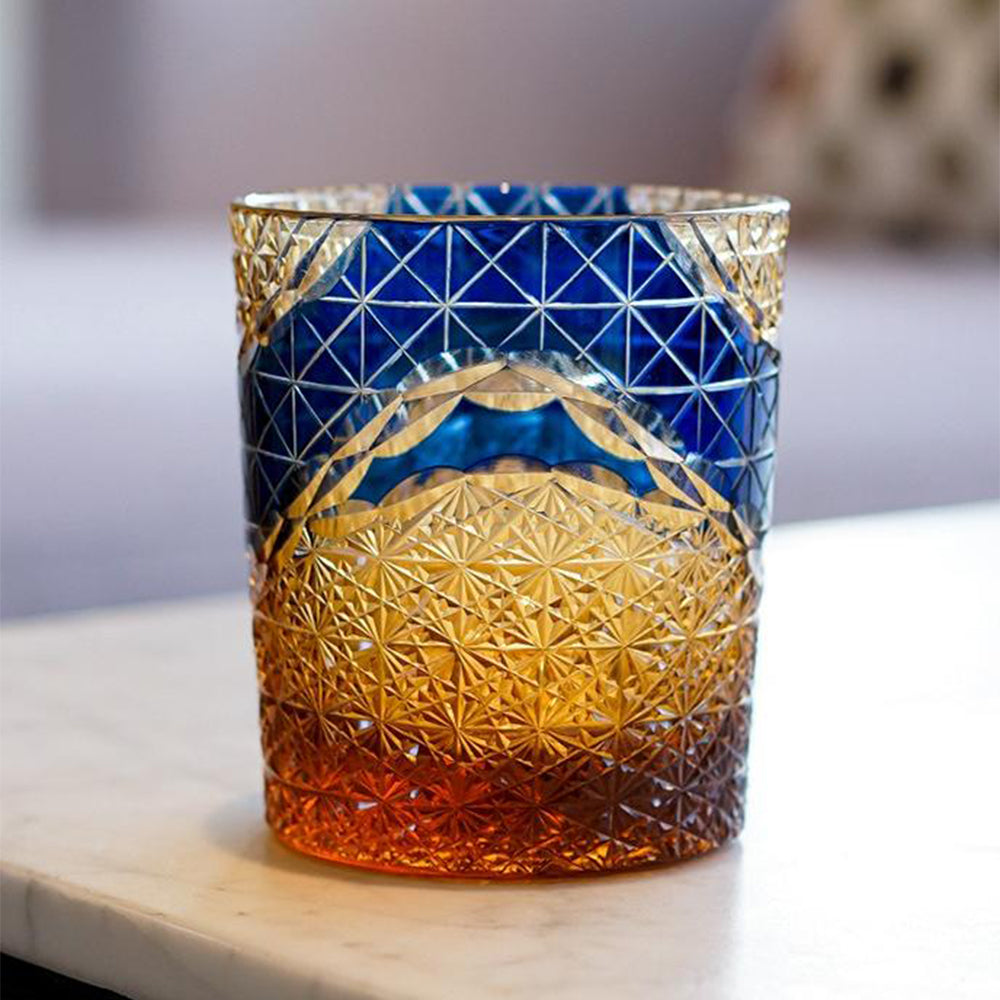 Edo Kiriko Prism Amber Chrysanthemum Whiskey Glass Tea Cup