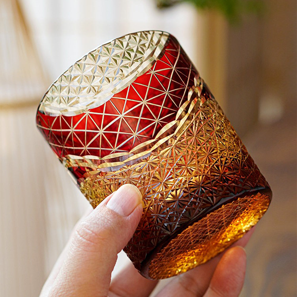 Edo Kiriko Prism Amber Chrysanthemum Whiskey Glass Tea Cup