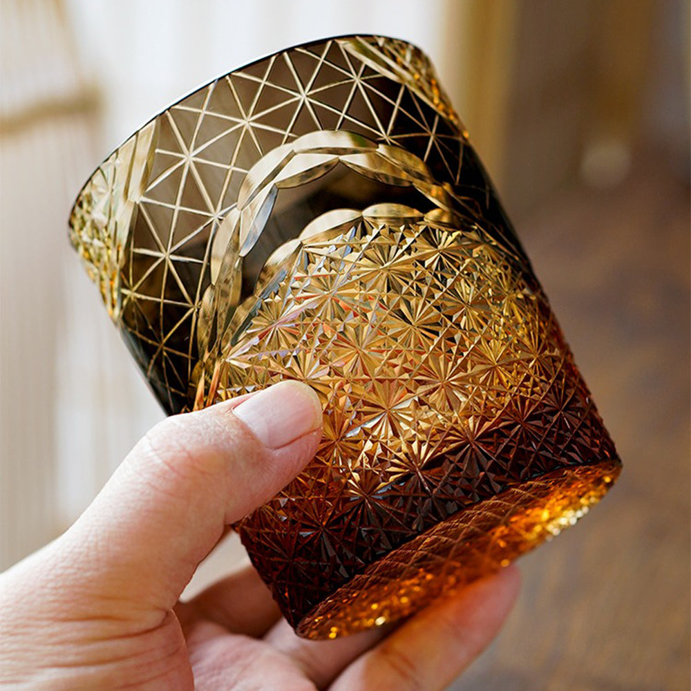Edo Kiriko Prism Amber Chrysanthemum Whiskey Glass Tea Cup