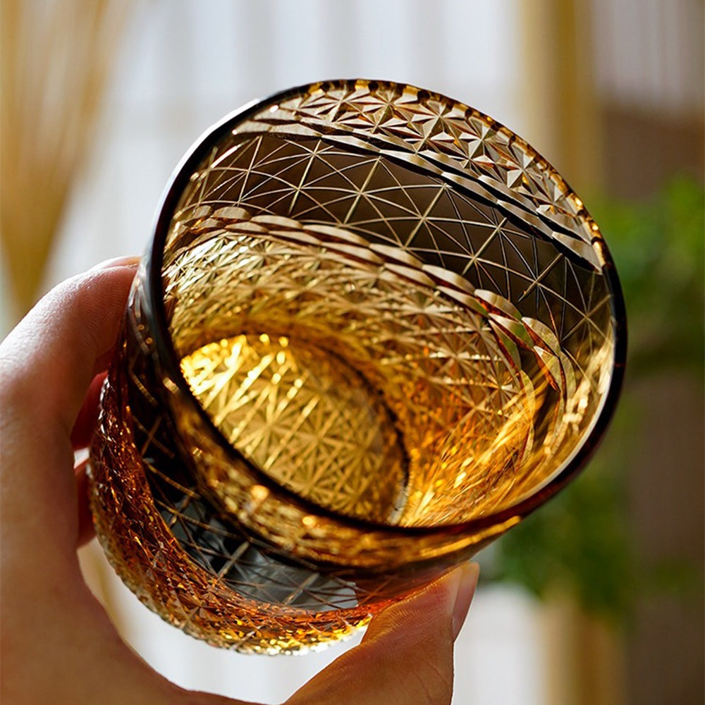 Edo Kiriko Prism Amber Chrysanthemum Whiskey Glass Tea Cup