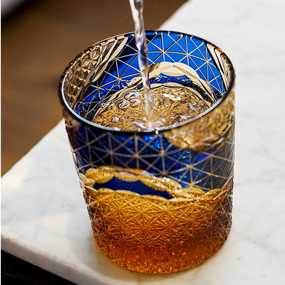 Edo Kiriko Prism Amber Chrysanthemum Whiskey Glass Tea Cup