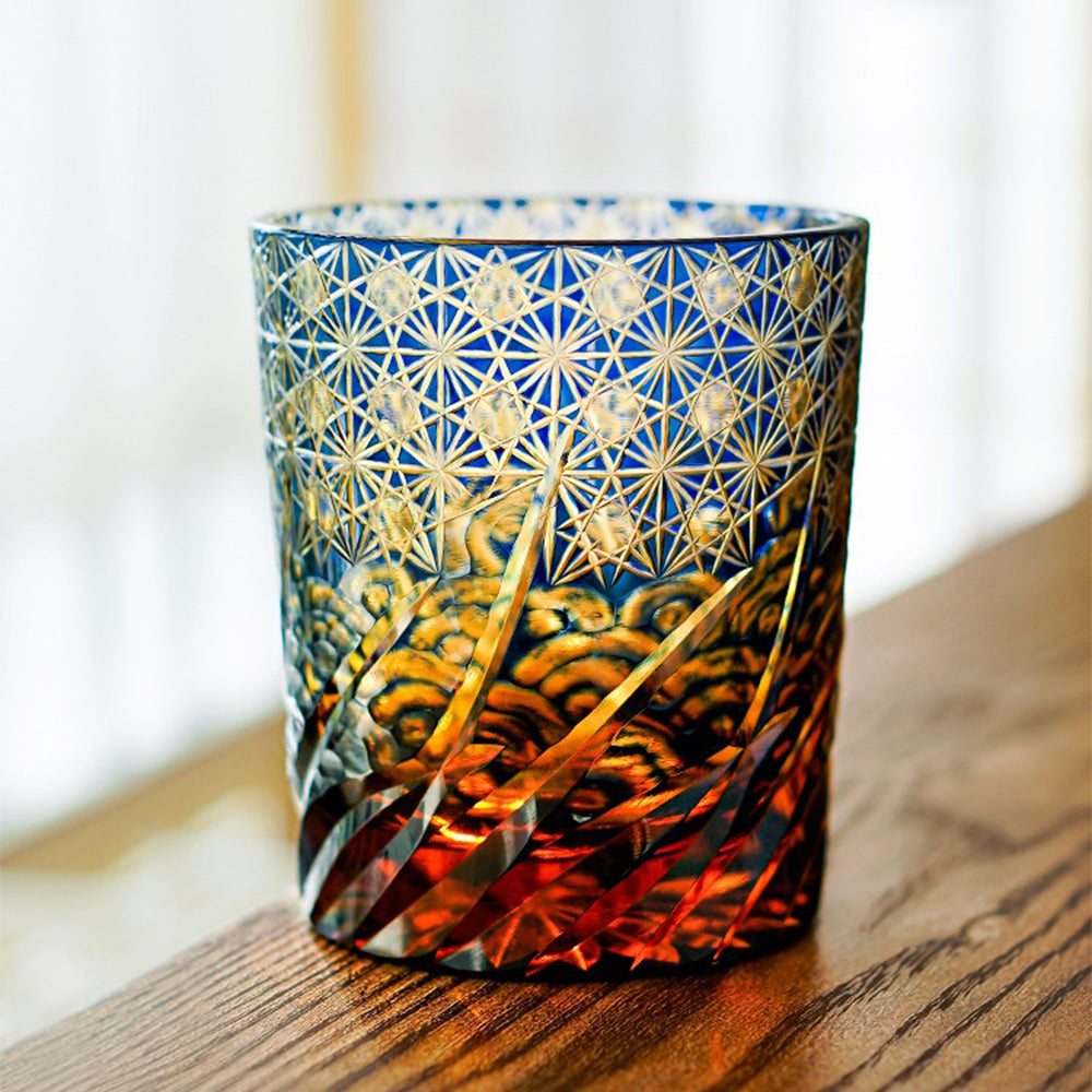 Edo Kiriko Handcrafted Amber Blue Whiskey Glass Tea Cup