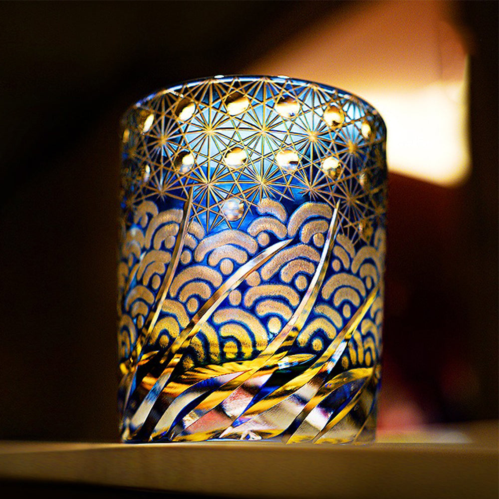 Edo Kiriko Handcrafted Amber Blue Whiskey Glass Tea Cup