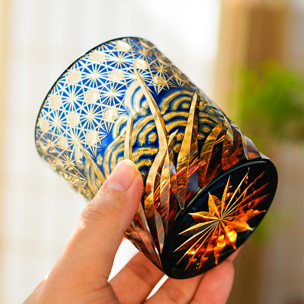 Edo Kiriko Handcrafted Amber Blue Whiskey Glass Tea Cup