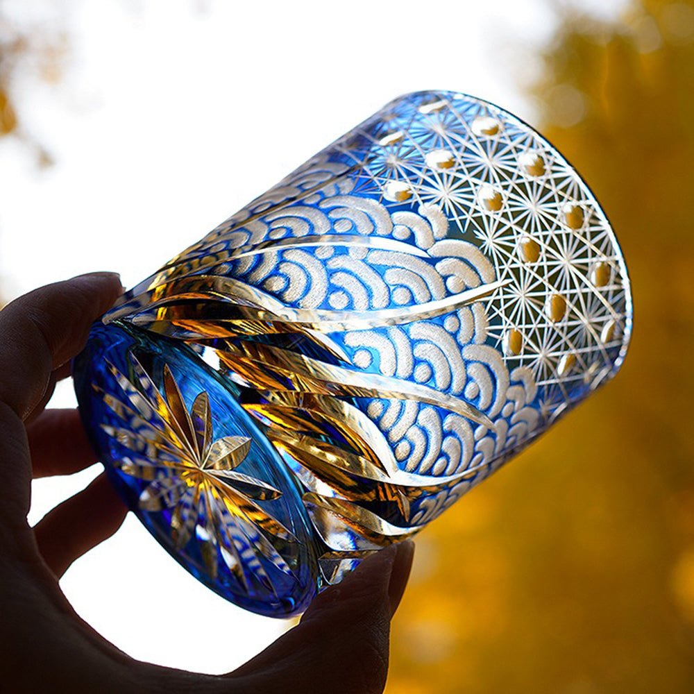 Edo Kiriko Handcrafted Amber Blue Whiskey Glass Tea Cup