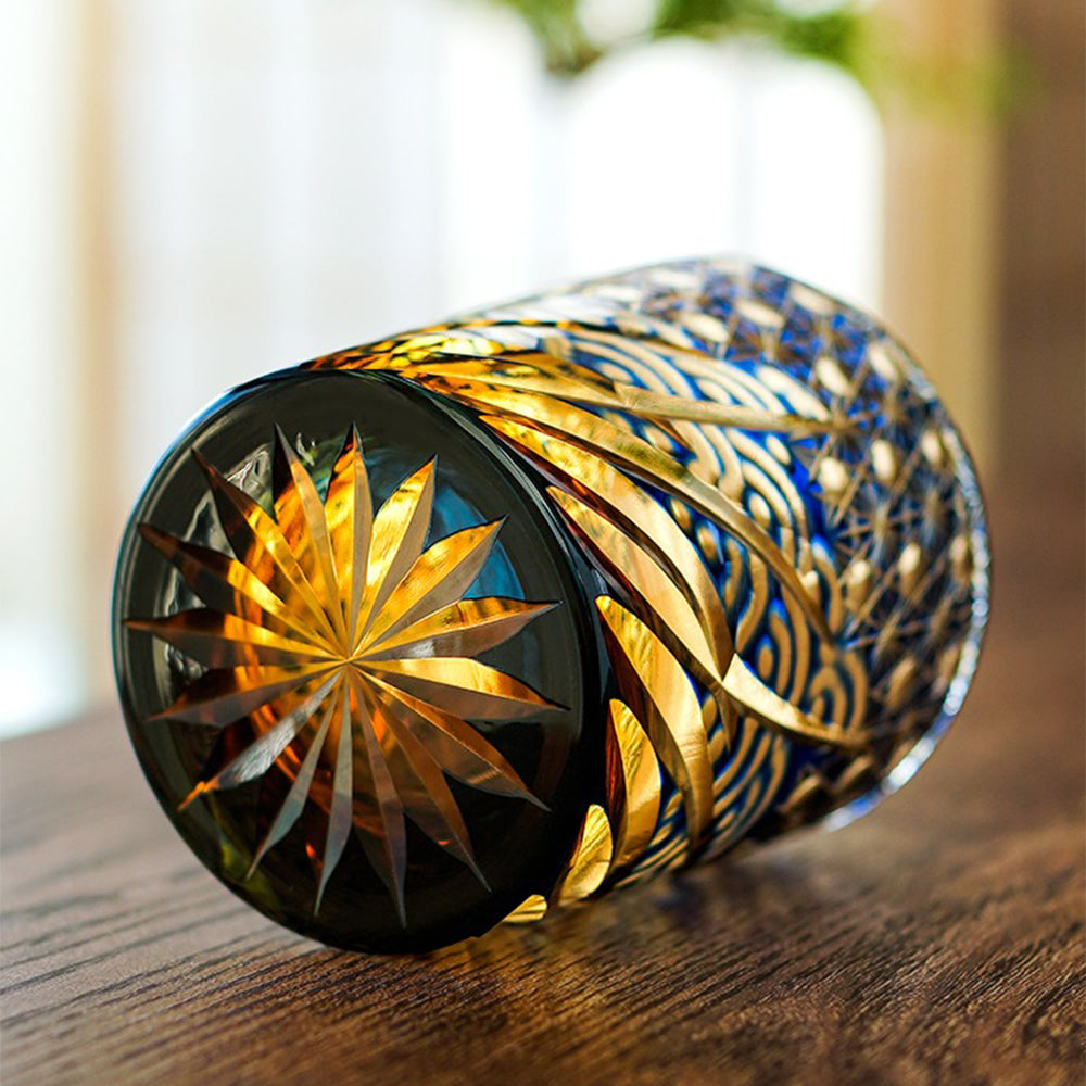 Edo Kiriko Handcrafted Amber Blue Whiskey Glass Tea Cup