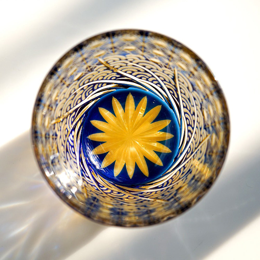 Edo Kiriko Handcrafted Amber Blue Whiskey Glass Tea Cup