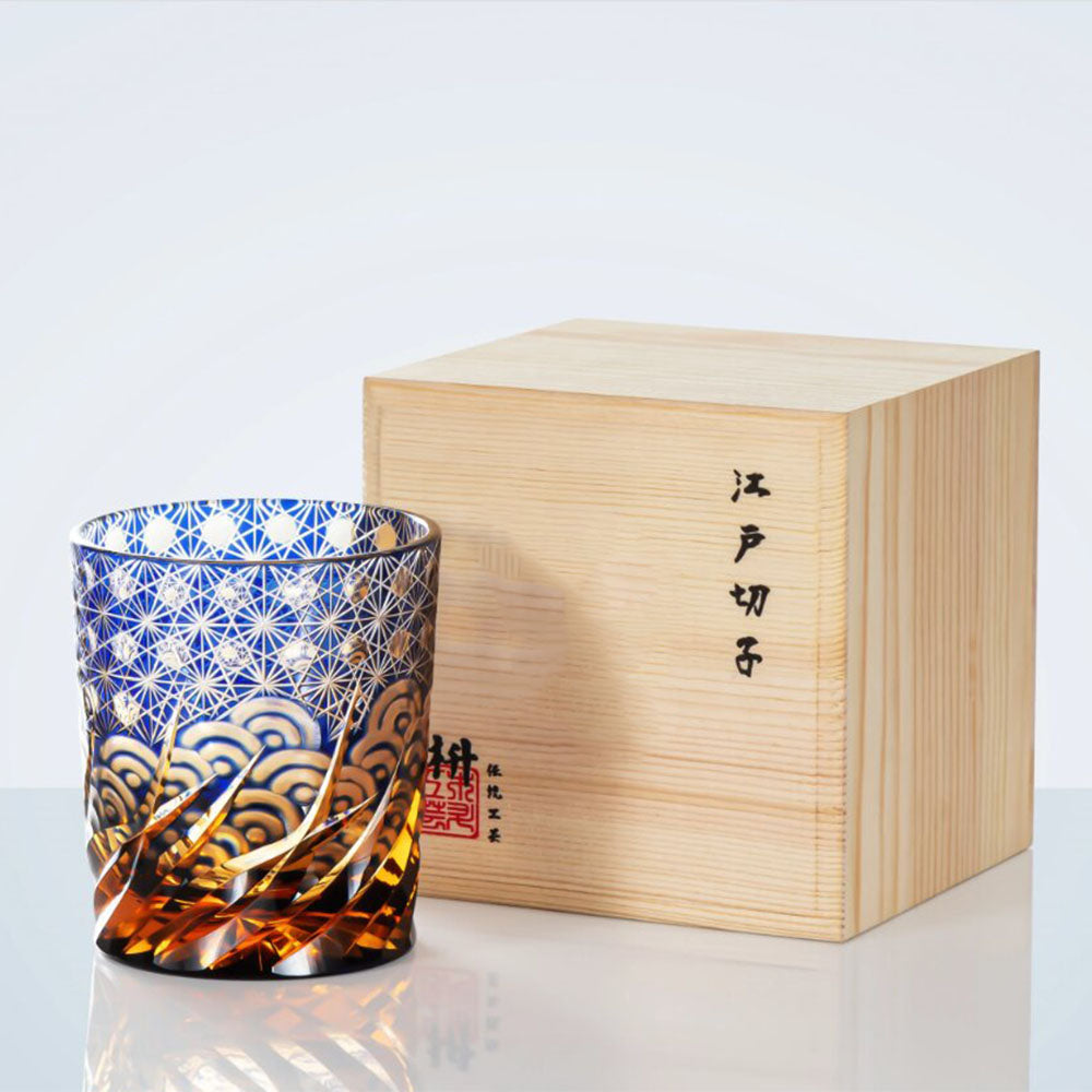Edo Kiriko Handcrafted Amber Blue Whiskey Glass Tea Cup