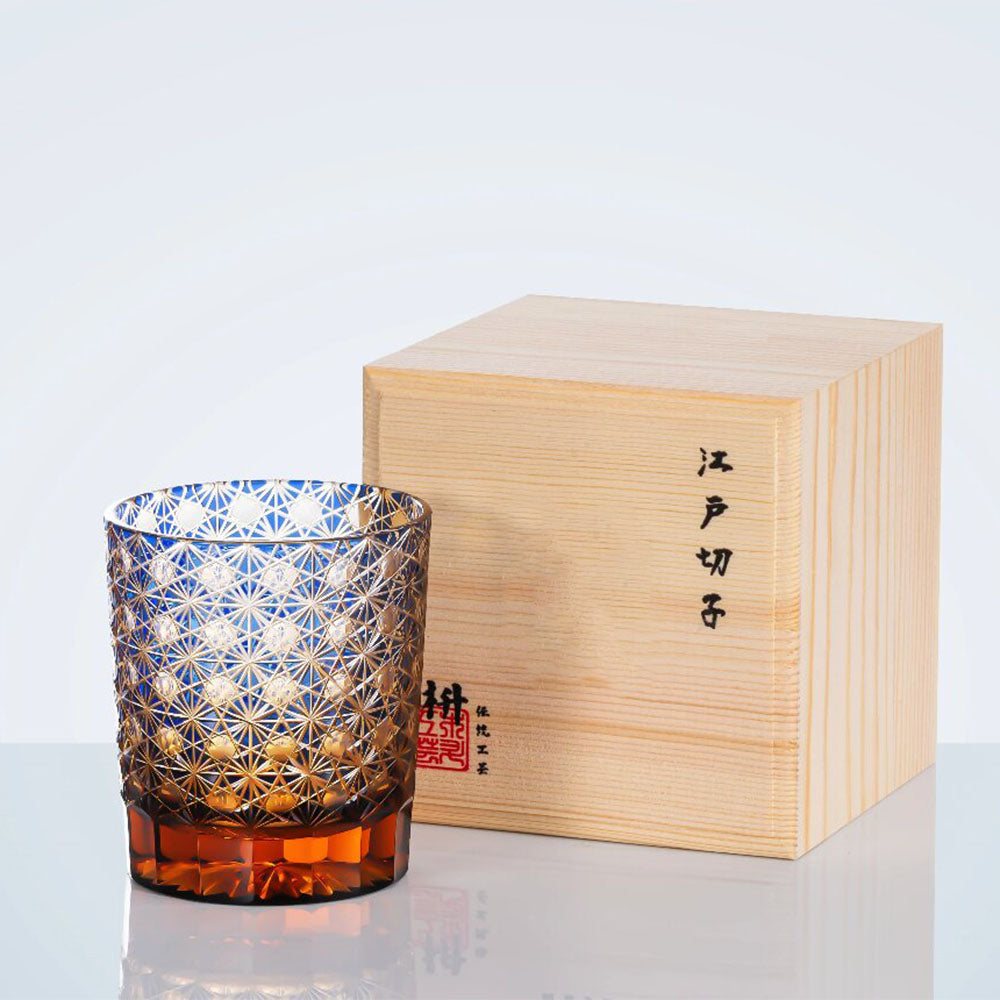 Edo Kiriko Amber Star Chrysanthemum Whiskey Glass Tea Cup