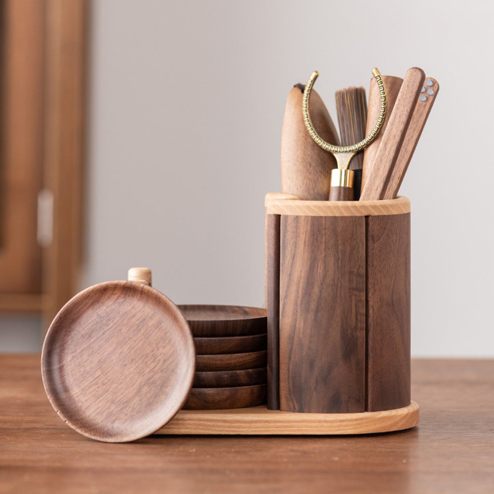 Walnut Wood Tea Utensils Set With Coaster