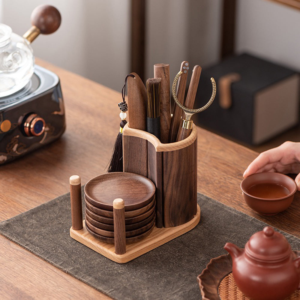 Walnut Wood Tea Utensils Set With Coaster