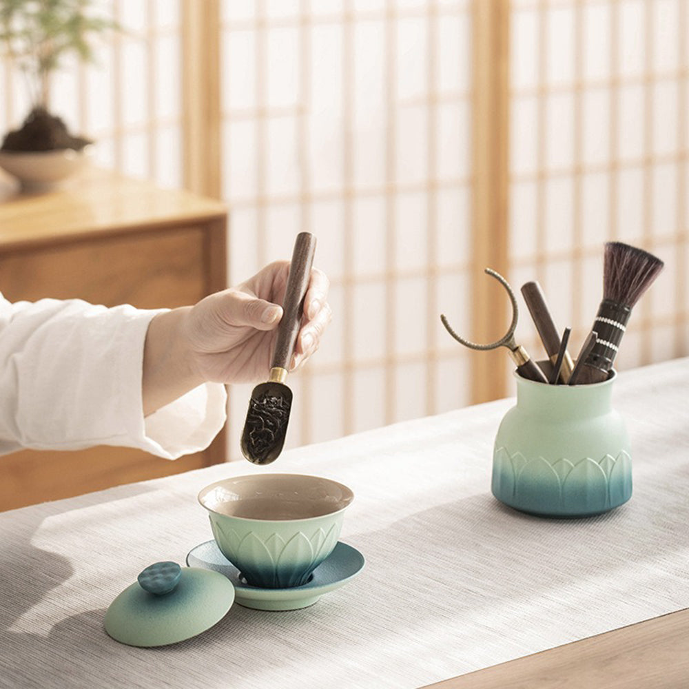 Ebony Tea Utensils Set With Lotus Ceramic Holder