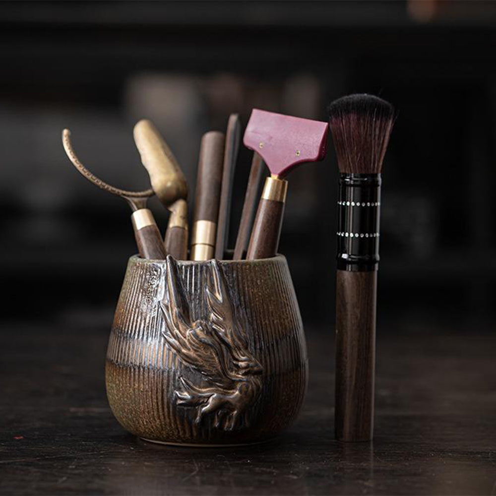 Ebony Tea Utensils Set With Bronze Glaze Ceramic Holder