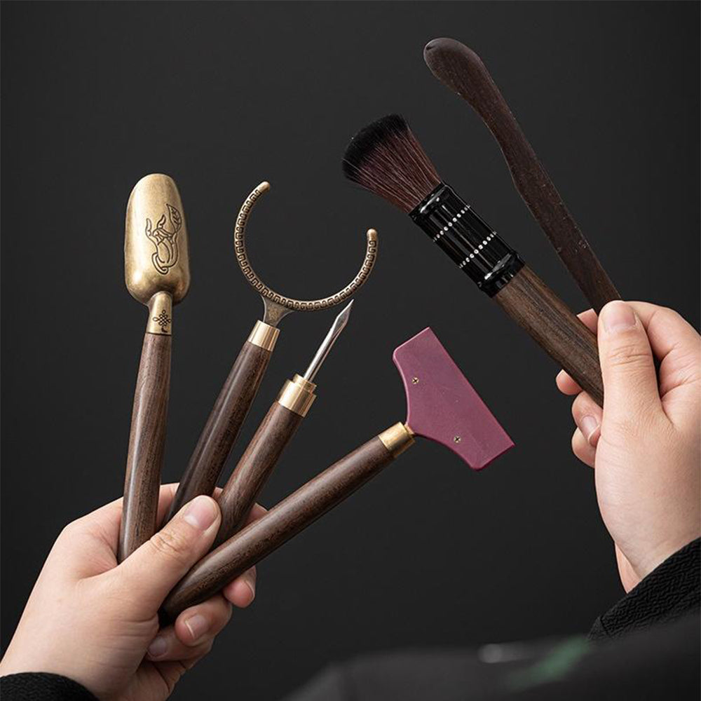 Ebony Tea Utensils Set With Bronze Glaze Ceramic Holder