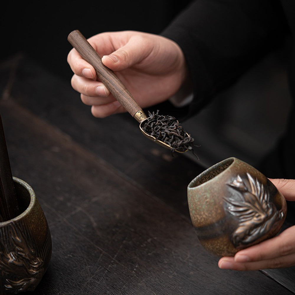 Ebony Tea Utensils Set With Bronze Glaze Ceramic Holder