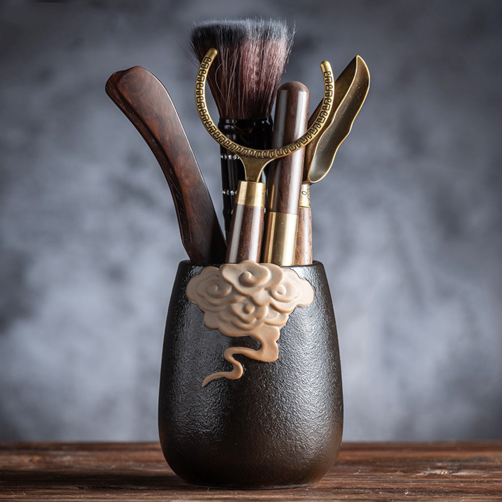 Ebony Tea Utensils Set With Auspicious Clouds Holder