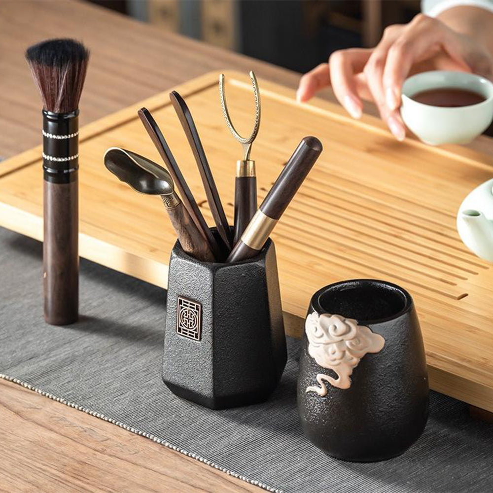 Ebony Tea Utensils Set With Auspicious Clouds Holder