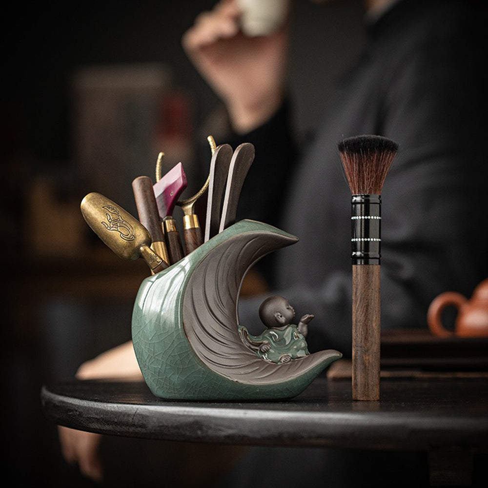 Ebony Tea Utensils Set With Moon And Monk Holder