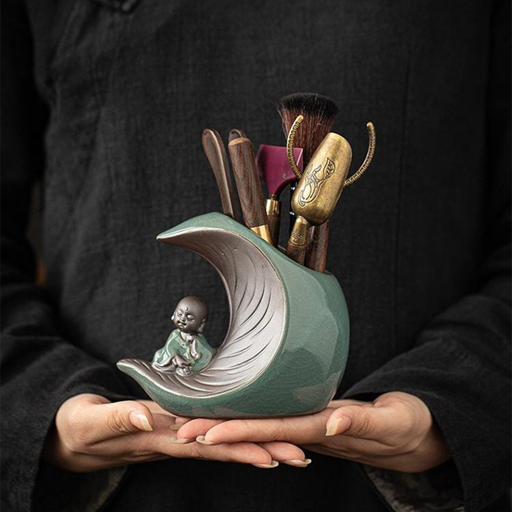 Ebony Tea Utensils Set With Moon And Monk Holder