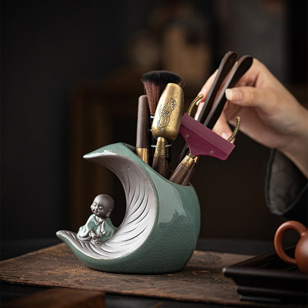 Ebony Tea Utensils Set With Moon And Monk Holder