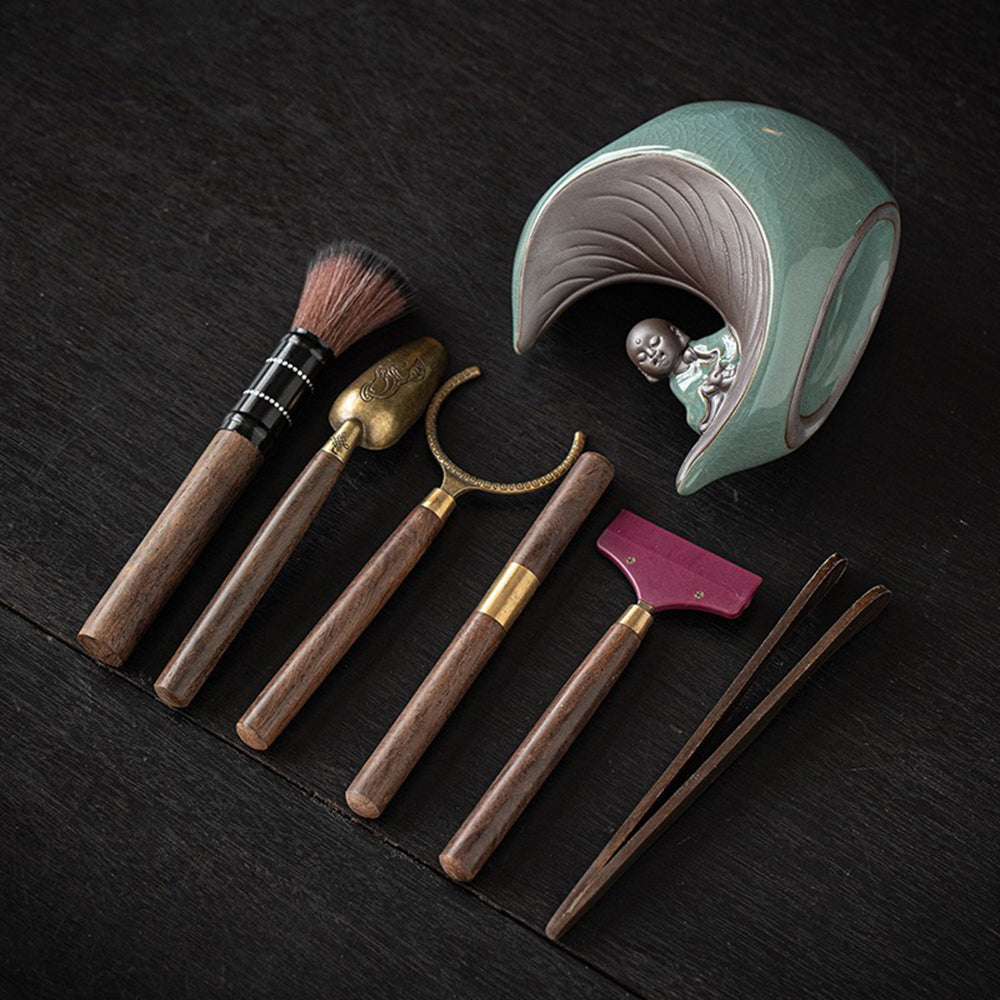 Ebony Tea Utensils Set With Moon And Monk Holder