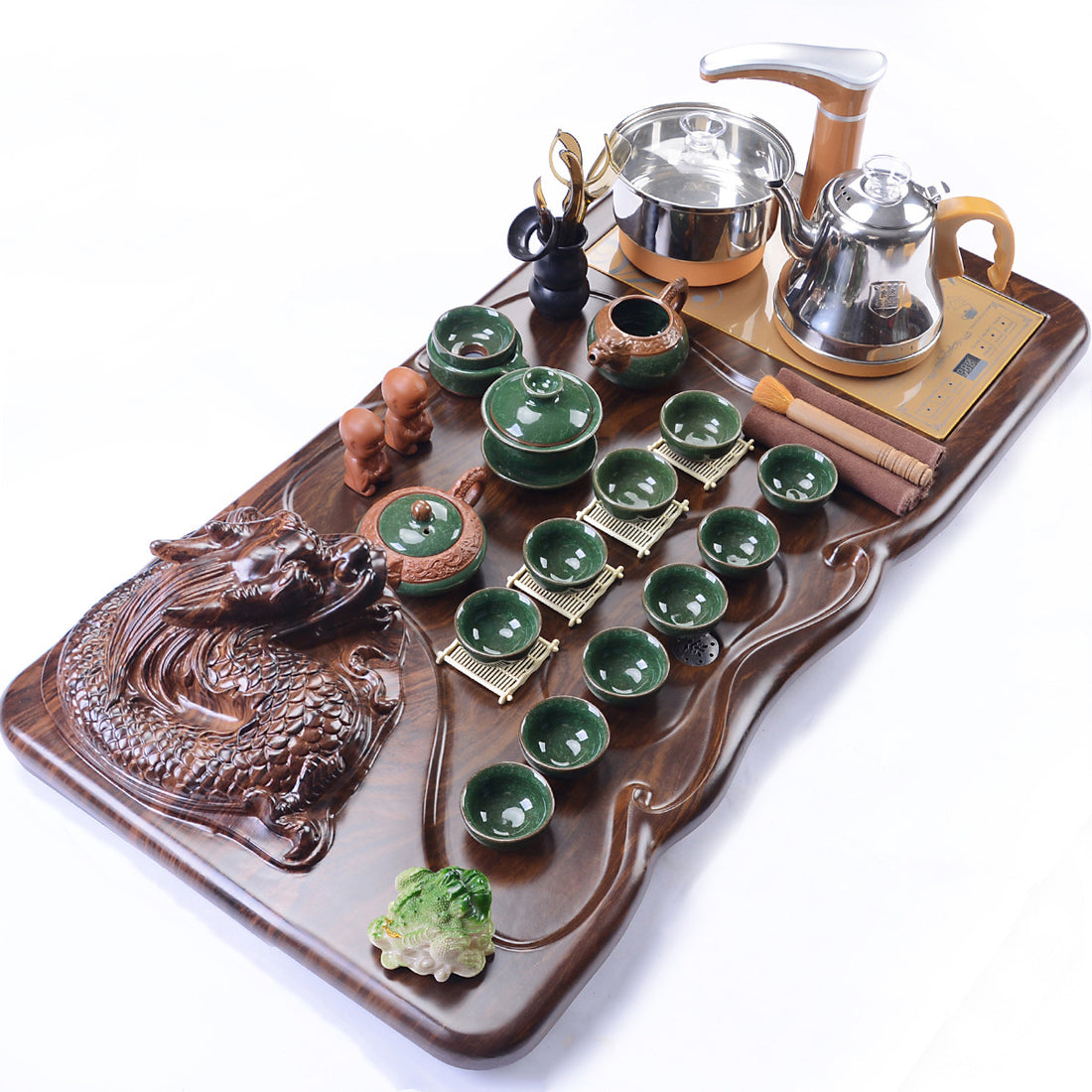 Green Ice Crack Tea Set With Dragon Tea Tray