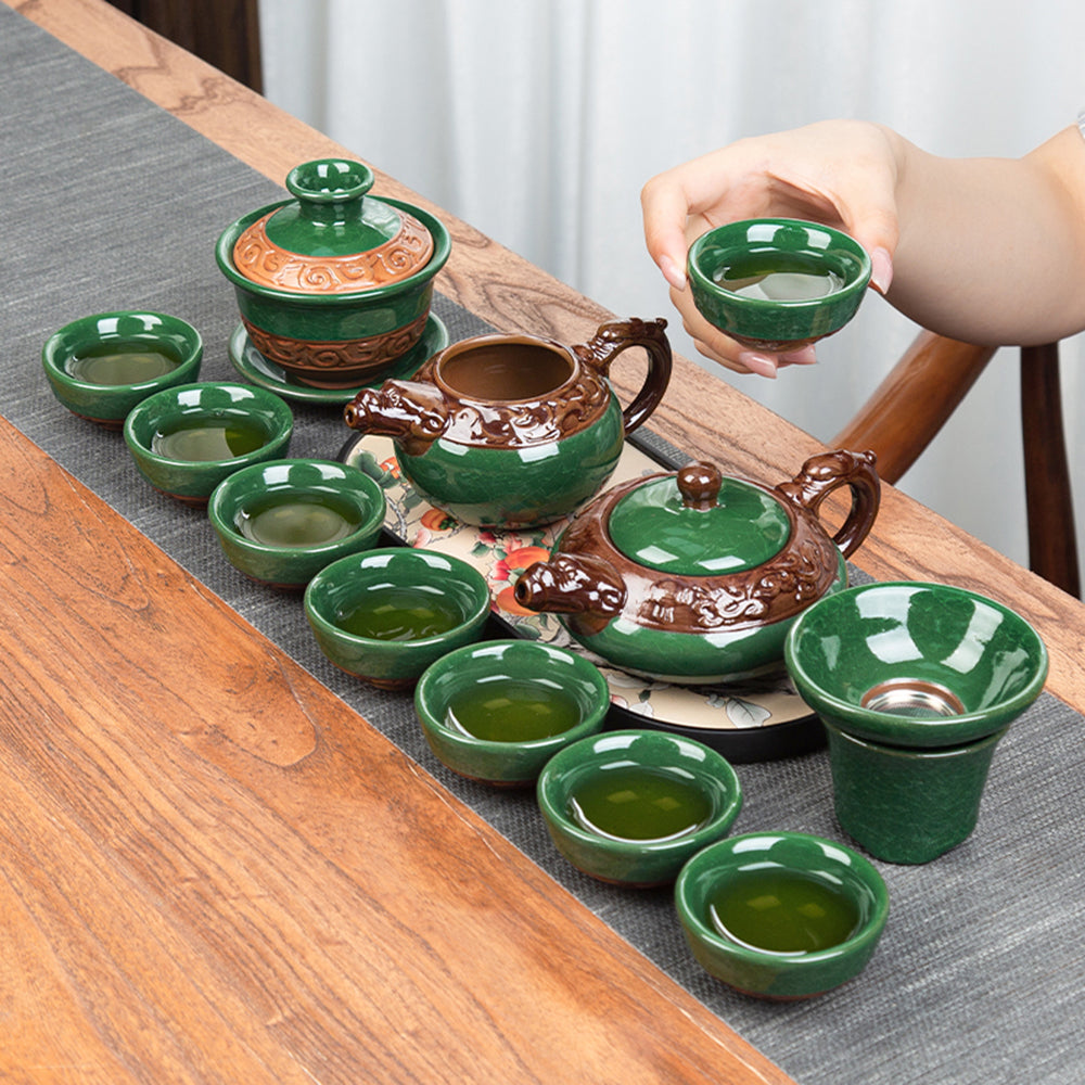 Green Ice Crack Tea Set With Dragon Tea Tray