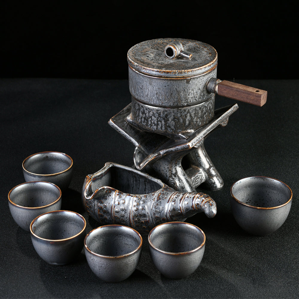 Stone Mill Tea Set With Black Gold Stone Tea Tray