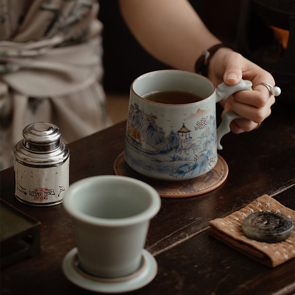 Chinese Ruyao Landscape Tea Cup With Infuser