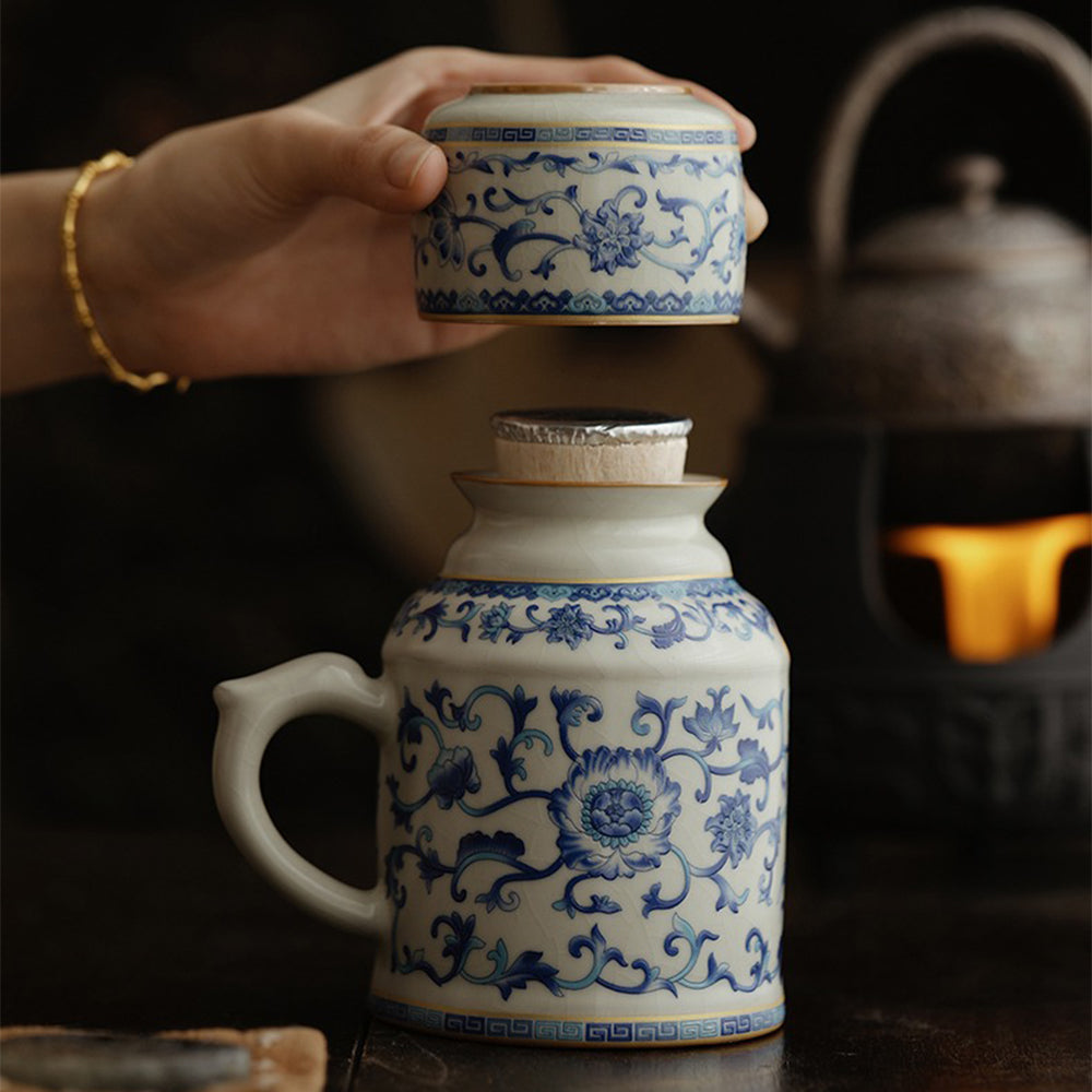 Blue And White Ruyao Twig Flowers Tea Cup Set