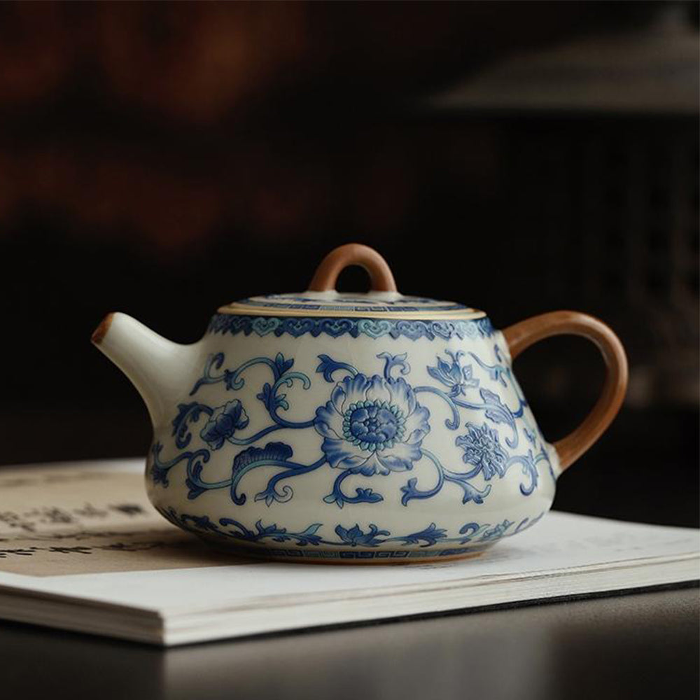 Chinese Blue And White Ruyao Shi Piao Teapot