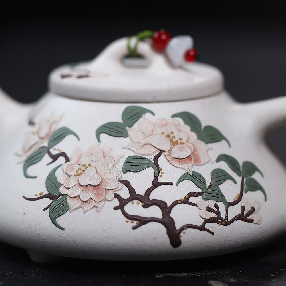 Yixing White Clay Peony Shi Piao Teapot