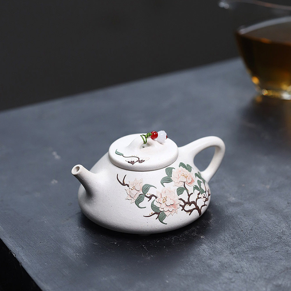 Yixing White Clay Peony Shi Piao Teapot