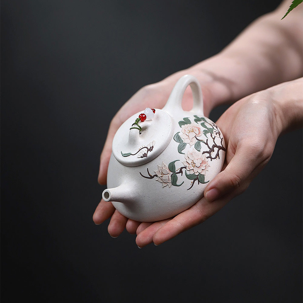 Yixing White Clay Peony Shi Piao Teapot