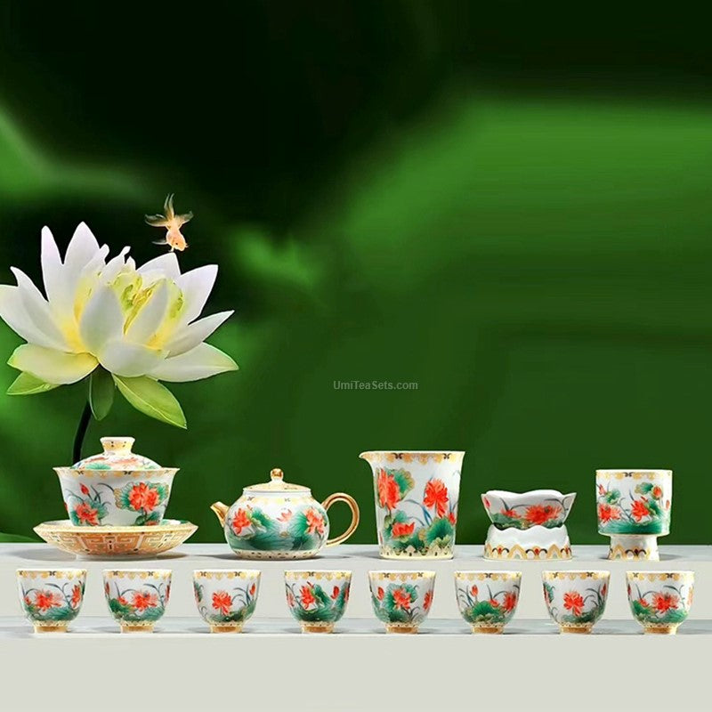 Chinese Orange Lotus Porcelain Tea Set