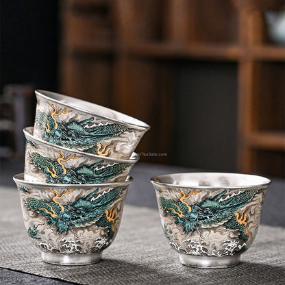 Chinese Azure Dragon Sterling Silver Tea Set